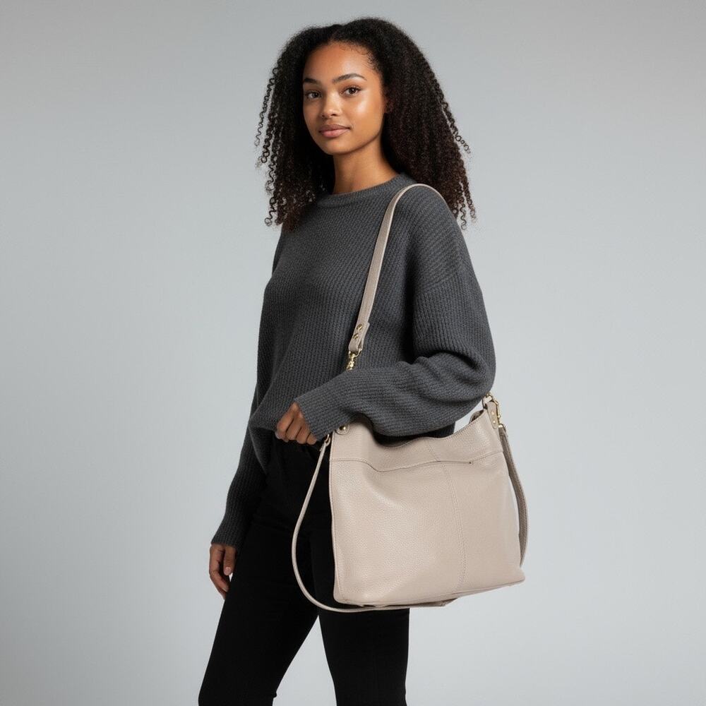 Hobo Pier Pebbled Leather Taupe Convertible Shoulder Bag - Picture 3 of 10